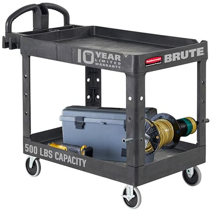 Rubbermaid Commercial Products 2-Shelf Utility/Service Cart, Medium, Black, Lipped Shelves, Ergonomic Handle, 500 Lbs Capacity, forfor Warehouse/Garage/Cleaning/Manufacturing