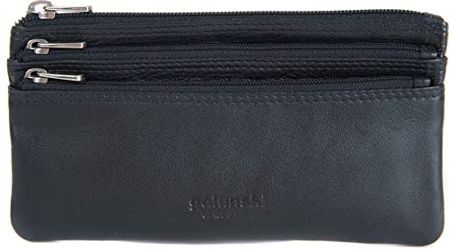 Golunski Genuine Nappa Leather 3-Zip Coin Purse for Women, Black