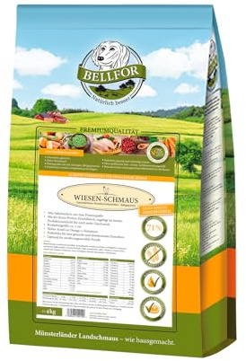 Bellfor Wiesen-Schmaus Hochwertiges Kaltgepresstes Trockenfutter für Hunde mit Huhn Getreidefrei Proteinquelle mit Sehr Geringem Allergiepotenzial (4 kg)