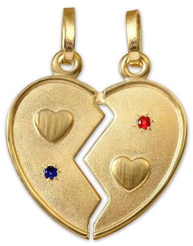 CLEVER SCHMUCK Partneranhänger Herz Gold 16 x 18 mm teilbar sowie Stein rubinrot und safirblau 333 Gold 8 Karat Herzketten Anhänger im Etui anthrazit