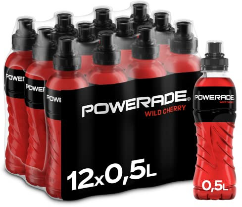 Powerade Sports Wild Cherry, kalorienarmes Sportgetränk mit Kirsch-Geschmack, mit Elektrolyten, Sport Drink in stylischen Einweg Flaschen (12 x 500 ml) (Verpackung kann variieren)