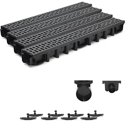 4m Entwässerungsrinne für modulares System A15 98mm, komplett Stegrost Kunststoff, Schwarz Classic