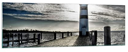 Panorama Bilder auf Glas 160x50cm Glasbild See Leuchtturm Holzbrücke Wasser Groß XXL Wanddeko Bild im Glas Schlafzimmer Küche Wandbilder Dekoration Wohnzimmer Modern Wand Kunstdruck Art GAB160x50-0330