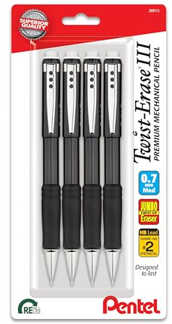 Pentel Twist-Erase III Mechanical Pencil, (0.5mm), Fine Line, Black Barrel, Pack of 4 (QE515BP4A)