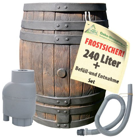 REGENTONNE EICHENFASS 240 Liter REGENFASS Wasserfass REGENWASSERTONNE Wassertonne - FROSTSICHERES Gartenfass für Regenwasser u.v.m. in Holz-Optik aus robustem PE-Kunststoff - MIT Regen-Filter-Set