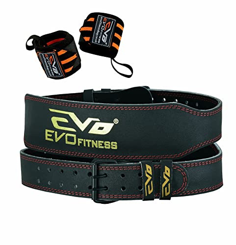 EVO Fitness 4” 6” Matte Black Weight Lifting Belt With 18 Wrist Straps Gym Cowhide Leather Padded Lumbar Back Support Powerlifting Bodybuilding Workout Training Men Women