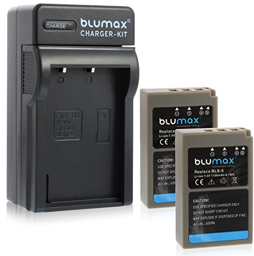2X Blumax Akku für Olympus BLS-5 / BLS-50 1100mAh + Ladegerät BLS-5 | passend zu Olympus Stylus 1 1s Pen E-PL2 E-PL3 E-PL5 E-PL6 E-PL7 E-P3 E-PM1 E-PM2 - OMD E-M10 und E-M10 Mark II