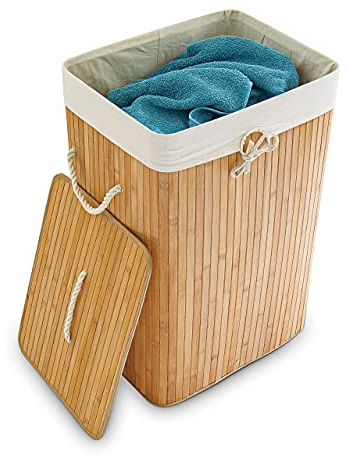 Relaxdays Bambu tvättkorg, med lock, rektangulär, XL, 83 L, vikbar tvättkorg, HBT 65,5 x 43,5 x 33,5 cm, naturlig