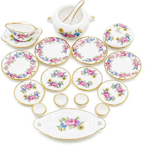 Odoria 1/12 Vasellame Miniatura Stoviglie Piatti e Ciotole 18Pz Accessori Casa Bambole, Fiore Porpora