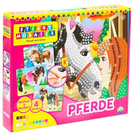 Sticky Mosaics ORB Pferde, 4 Designs, kreative Geschenke Bastelset Kinder Geschenke für Mädchen und Jungen selbstklebende Glitzer Moosgummi Aufkleber Kindergeburtstag DIY Deko basteln ab 5 Jahre