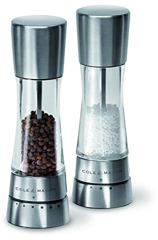 Cole & Mason Derwent Juego de Molinillos de Sal y Pimienta – Mecanismo de Cerámica Ajustable, Diseño de Acero Inoxidable y Acrílico, Molienda Precisa, Duradero