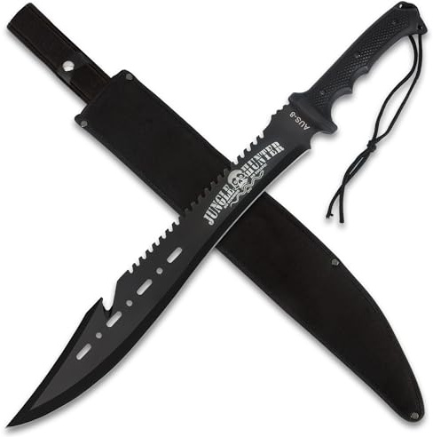 Black Legion Jungle Hunter Machete with Sheath | 25 Tactical Survival Machete Knife | Heavy Duty Sawback Blade for Yard Work & Gardening | Full Tang Stainless Steel | Outdoor & Camping Tool