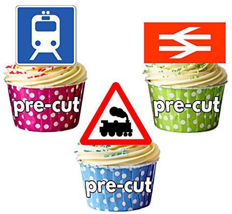 AK Giftshop Railway Train Signs Mix Cake Decorations - 12 Edible Wafer Cup Cake Toppers