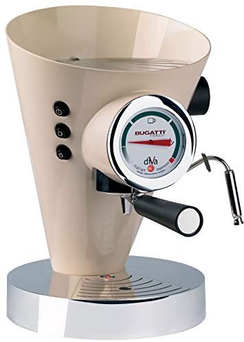 BUGATTI, Diva, Espresso Coffee and Cappuccino Machine, for Ground Coffee and Pods, Non-Stop Steam Function, 15 bar, 950 W, Capacity 0.8 Liter, Elegant Design (Cream)