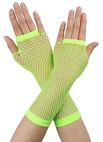 sourcing map Damen Fingerlose Netzhandschuhe farbig für 80er Jahre Kostüm Partybedarf Kostümzubehör Gelb Long-1Pair