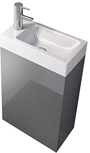 SAM Waschplatz Vega, Kleiner Waschtisch 40 x 22 cm, Grau Hochglanz, Tür mit Push-Open-Funktion, Kunststoffbecken