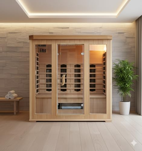 CONCEPT USINE | Cabine Sauna Infrarouge 4-5 Places en Bois Hemlock | Chromothérapie 7 Couleurs | 7 Diffuseurs Infrarouges | Station Contrôle LCD | Radio Bluetooth | Chaleur Sèche Économique | 2640W