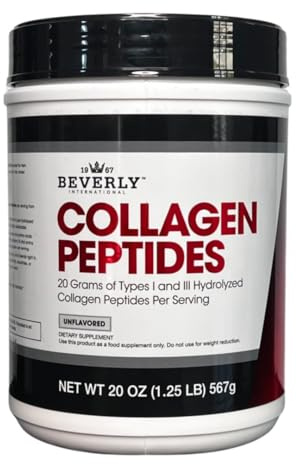 Beverly International Collagen Peptides Protein Powder. Youthful Appearance- Skin, Hair, Nails, Bones and Joint Health. Easy to Use, Highly Absorbable. 18 Grams of Protein, Unflavored 20 oz.