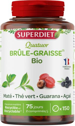 SUPERDIET - QUATUOR BRÛLE-GRAISSE BIO- Maté, Guarana, Thé vert, Acaï - Fabrication Française - 150 comprimés