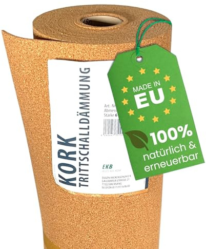 EKB-Kork Trittschalldämmung 10x1m 6mm stark I natürliche Dämmunterlage I Rollenkork für Parkett & Laminat I Trittschallreduktion aus nachwachsendem Korkmaterial I Umweltfreundliche Trittschalldämmung