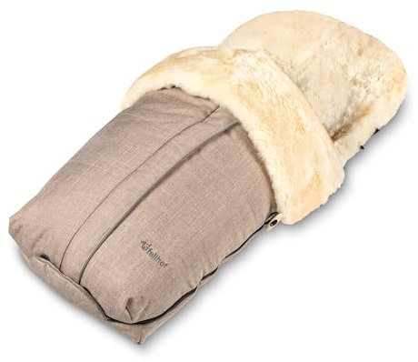 Fellhof 108308 Lammfell Fußsack Cortina, Oeko-TEX® Zertifiziert, 45x97 cm, Wind- und wasserdicht, waschbar bis 30°C, Öffnung am Fußende (beige-Melange)