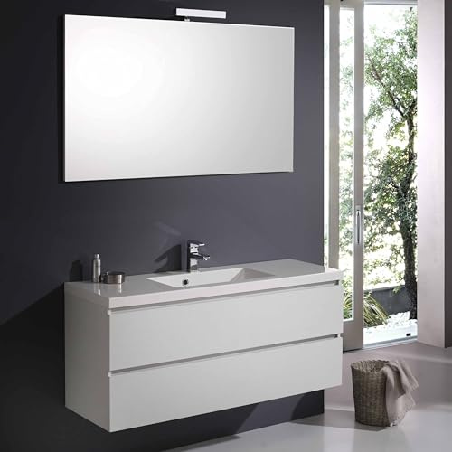 Kiamami Valentina Mobile Bagno Sospeso Manhattan 120 Cm Bianco Foresta | 2 cassetti, lavabo in marmo ricomposto, specchio 120x70 cm con lampada LED, profondità 39 cm