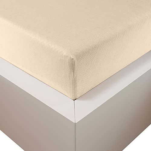 Traumschloss Spannbetttuch »Premium Plus« Mako Baumwolle mit Lyocell & Elasthan | Edel-Jersey | wärmt im Winter & kühlt im Sommer | Creme | 180-200x200-220cm