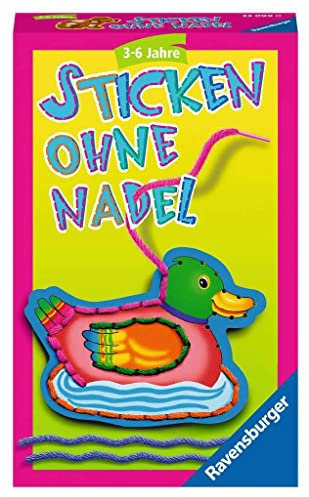 Ravensburger 23099 - Sticken ohne Nadel, Mitbringspiel für 1-4 Spieler, Kinderspiel ab 3 Jahren, kompaktes Format, Reisespiel, Bunte Wolle