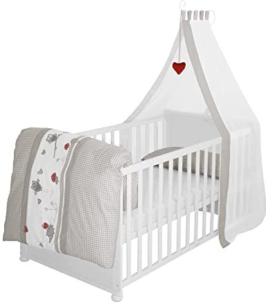 roba Babybett Set Adam & Eule - 70 x 140 cm - Mitwachsendes Kinderbett mit Bettwäsche, Himmel, Matratze - Höhenverstellbar - zu Juniorbett umbaubar - Holz weiß