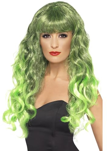Smiffys Sirene Perücke, Grün und Schwarz, Lang, lockig mit Fring Halloween