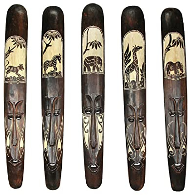 Zeckos Set of 5 Hand Carved Brown Wood African Style Decorative Tribal Masks Wall Decor 39 Inches High