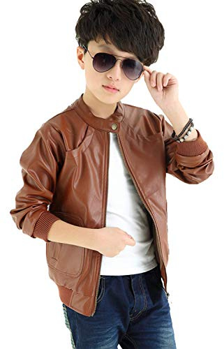ELUCKFACE Boy's Trendy Stand Collar PU Leather Moto Jacket Leather Coat Brown