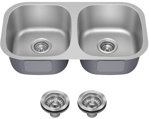 KRAUS Premier 32-inch Undermount 50/50 Double Bowl 18-Gauge Stainless Steel Kitchen Sink with Strainers (x2), KBU22