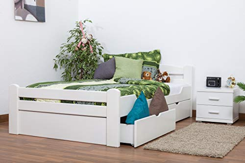 Einzelbett/Gästebett Easy Premium Line K4 inkl. 2 Schubladen und 1 Abdeckblende, 120 x 200 cm Buche Vollholz massiv weiß lackiert