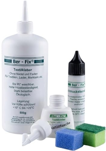 Ber-Fix Textilkleber Set 500g + 30g Schmucksteinkleber | Textilkleber-Set mit Schmucksteinkleber für Stoff, Leder, Filz, Dekorationen und flexible Bastel- oder