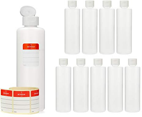 Octopus 10x 250 ml Kunststoffflaschen, HDPE Plastikflaschen mit weißem Klappverschluss, Leerflaschen mit weißem Scharnierverschluss, Rundflaschen inkl. Beschriftungsetiketten