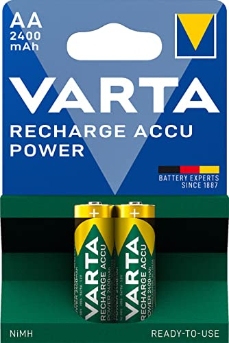 VARTA Batterien AA, wiederaufladbar, 2 Stück, Recharge Accu Power, Akku, 2400 mAh Ni-MH, ohne Memory Effekt, vorgeladen, sofort einsatzbereit