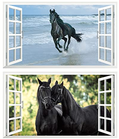 2Pcs Pferd Horse Schwarz Wandtattoo 3D Effekt XXL Wanddurchbruch Fenster Wandaufkleber für Junge Mädchen Kinderzimmer 1000 mm breit x 600 mm tief (groß) V08