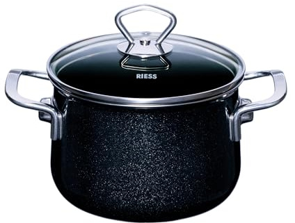 RIESS 0701-009 Fleischtopf mit Glasdeckel, Nouvelle- BLACK MAGIC EXTRA STARK, Durchmesser 16cm, Höhe 18 cm, Inhalt 2 Liter, Emaille, schwarz, Induktion