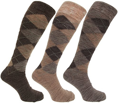 Mens Traditional Argyle Pattern Long Length Lambs Wool Blend Socks (Pack Of 3), Assorted Brown Argyle, UK Shoe 6-11, EUR 39-45