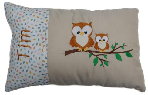 Momelie Schmusekissen in beige * Kuschelkissen * Eulen * mit Namen Bestickt * ca. 25 * 40 cm groß * SK-be_0007