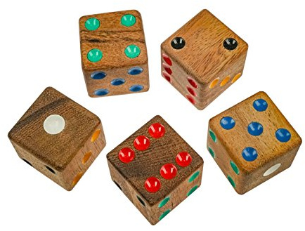 LOGOPLAY Set di 5 dadi in legno – cubi da gioco 4 cm lunghezza bordo in legno con pois colorati