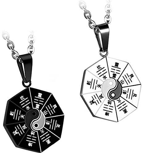 JewelryWe Schmuck 2 Edelstahl Bagua Acht Trigramme Anhänger mit 55cm Ketten, Partnerketten Halsketten für Damen und Herren, Schwarz Silber, mit Geschenk Tüte