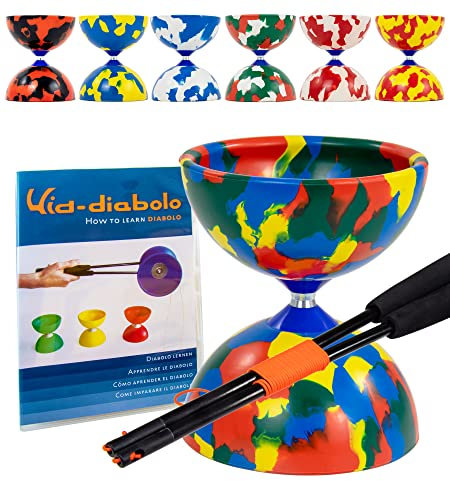 Juggle Dream Jester Diabolo Jonglierset – Fester Achse Profi-Diabolo mit Superglass-Handstäben, Online-Lernvideo – Jonglierspielzeug (Mehrfarbig)