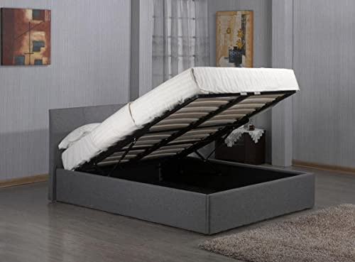 Kelsey Stores Fusion Grey Linen Fabric 4FT6 Double Ottoman Storage Bed Upholstered Gas Lift-Up Frame (4FT6 Storage Double Bed)