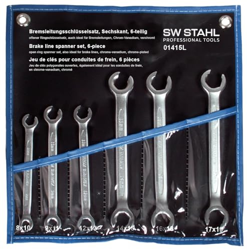 SW-Stahl 01415L Bremsleitungsschlüsselsatz 6-tlg. 8-19 mm - Ringschlüssel | Sechskant-Schlüssel Set aus Chrom-Vanadium in Rolltasche - Ideal für Hydraulikleitungen, Klimaanlagen und Kfz-Reparaturen