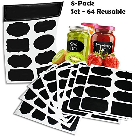 64 réutilisables (Reusable 8 Fiche pack) Premium Quality Noir décoratif adhésif Stickers-Pantry Storage Organizer, Mason Jar Chalk étiquettes, étiquettes de cadeau, Organisation classe - Ecrire peler et coller!