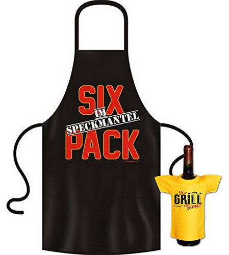 Geile-Fun-T-Shirts Kochschürze Männer - Sixpack im Speckmantel - Grill Koch Küchenschürze Schürze Männer Geschenke Set geil bedruckt mit Mini Flaschenshirt (ohne Flasche)