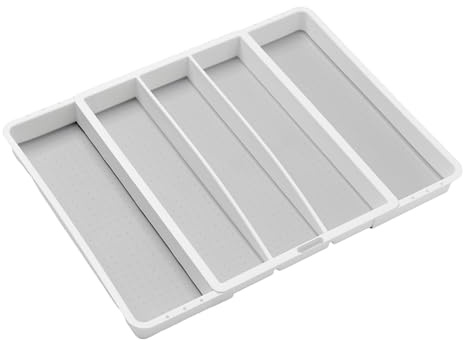 madesmart Bandeja expandible para utensilios blanca, colección clásica, 5 compartimentos, organizador de cocina, forro de agarre suave y patas de goma antideslizantes, fácil de limpiar, sin BPA