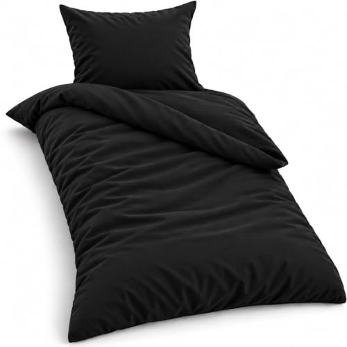 Class Home Collection Bettwäsche 155x220 Baumwolle – 2-teiliges Bettwäsche-Set mit Reißverschluss, Bettbezug + Kissenbezug 80x80 cm, Ganzjahres-Bettwäsche, Uni Schwarz